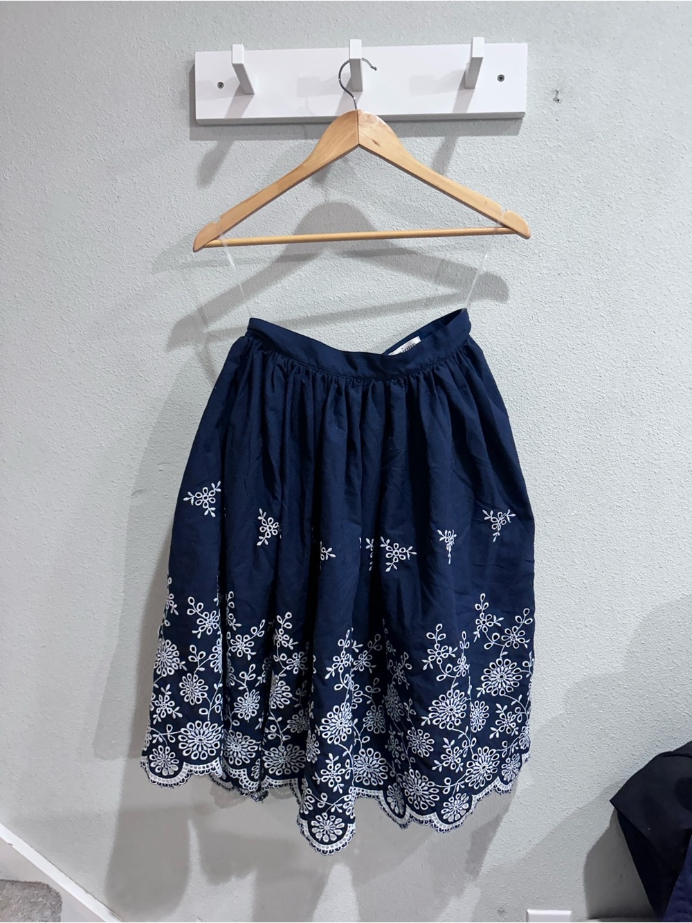 Unique Vintage Navy Skirt with White Embroidered Hem